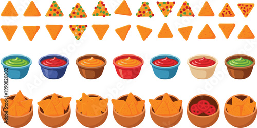 Nachos and dipping sauces vector illustration set including tortilla chips with salsa guacamole cheese and toppings isolated on light background for mexican food design