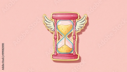 Whimsical pink hourglass with feathered wings on soft pink background