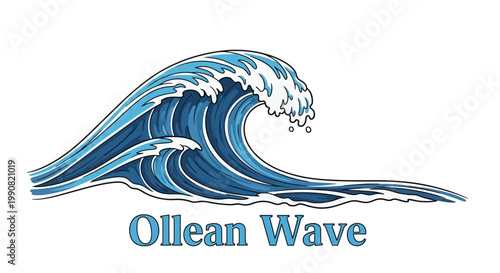 Stylized blue ocean wave illustration, powerful breaking sea surf, graphic design element for nautical themes