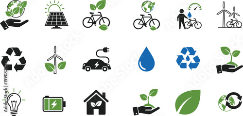 Eco friendly lifestyle and sustainability icons vector set including recycling solar energy bicycles electric car and green environmental symbols isolated on light background