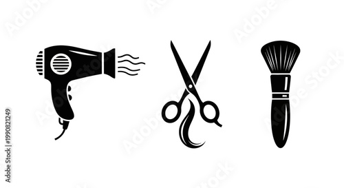 Professional beauty salon and hairdresser tools icon set: hair dryer, cutting scissors, and makeup brush silhouettes.