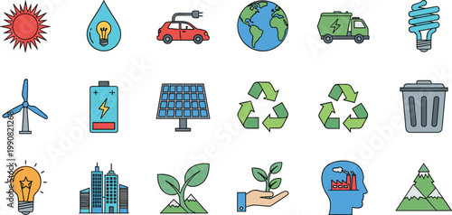 Renewable energy and environment icons vector set including solar panels wind turbines recycling electric car battery and green sustainability symbols isolated on light background