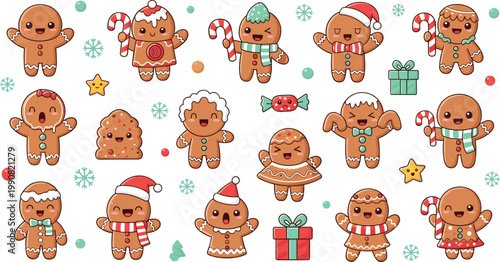 Cute Kawaii Gingerbread Man Character Set with Santa Hat, Candy Cane, Snowflake, Gift, and Christmas Expressions for Holiday Designs