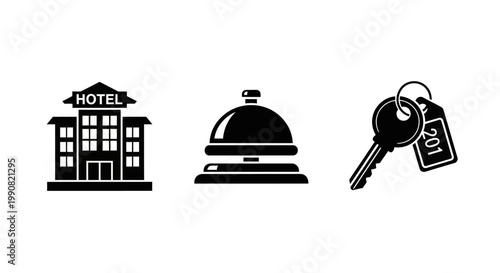 Generic hotel and hospitality service icons: building, reception bell, and room keys. Vector illustration on white background.