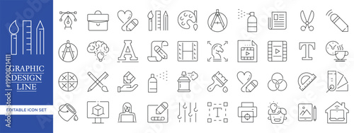 Graphic Design Line Icon Set with Creative Tools, UI UX Design, Branding, Illustration, Editing, Art and Digital Design Editable Vector Outline Symbols