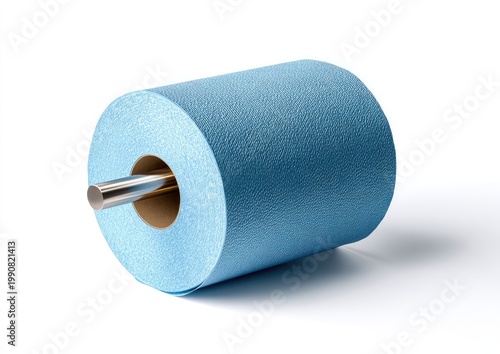 Blue roll of textured material on a metal rod, isolated on white