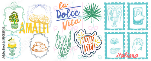 hand drawn italian lifestyle doodles with la dolce vita and amati themes on white background