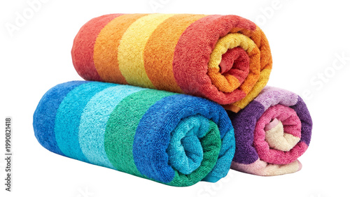 Foto Stack of neatly folded colorful striped cotton beach towels isolated on a transparent background
