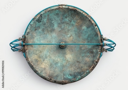 Aged, textured circular object with turquoise accents and intricate metalwork