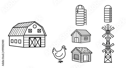 Farm outline icons set with barn, silos, windmills, chicken, and houses. Simple agricultural buildings and rural elements vector illustration.