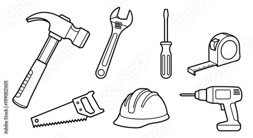 Construction tools vector set: hammer, wrench, screwdriver, tape measure, saw, hard hat, drill. DIY and home repair icons.