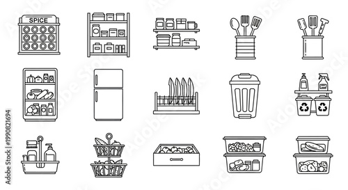 Kitchen Organization and Food Storage Line Icons Set. Collection of Home Pantry, Refrigerator, Utensils, Cleaning, and Recycling Vector Outlines.