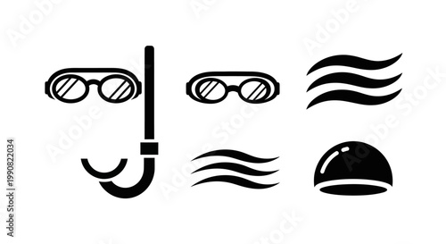Black vector icon set for swimming and snorkeling activities, featuring goggles, snorkel, swim cap, and water waves on white background.