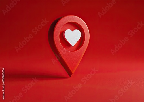Red map pin with a white heart inside, against a vibrant red backdrop