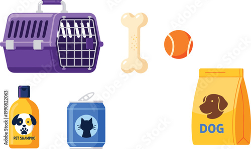 Pet care essentials vector illustration set including carrier shampoo food package bone toy ball and wipes isolated on light background for animal products design