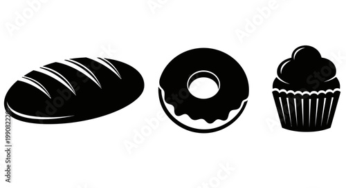 Black silhouette icons of bread, donut, and cupcake, representing bakery items, sweet treats, and staple foods in a minimalist graphic style.