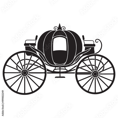 Black silhouette of a fairytale pumpkin coach, vintage carriage vector graphic for romantic or royal themes
