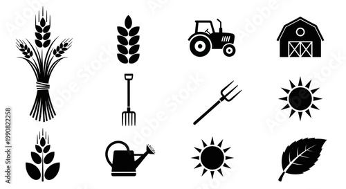 Agriculture and Farming Vector Icons Set. Collection of farm tools, wheat, barn, tractor, and nature symbols for rural concepts.