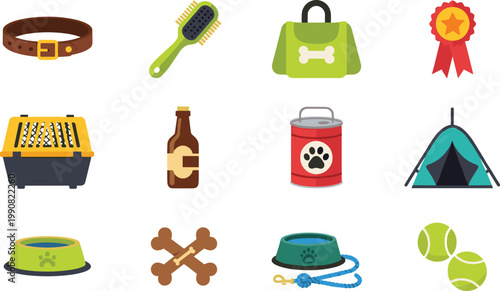 Pet care accessories vector illustration set including dog collar food bowl leash toys grooming brush kennel and supplies isolated on light background