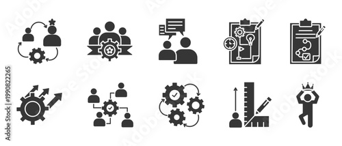 Change management  icon glyph icon set collection.  Containing Transformation , Team, Communication,  strategy, plan, improve, engage, execute, mearsure, succes