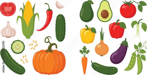 Large collection of fresh vegetables vector illustrations including pumpkin cucumber tomato pepper eggplant garlic corn and avocado isolated on light background