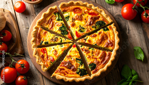 Delicious freshly baked quiche Lorraine with broccoli tomatoes and creamy custard