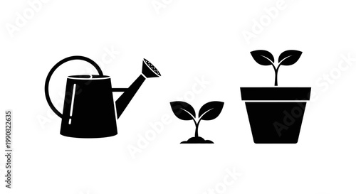 Gardening icons set with watering can, growing sprout, and potted plant. Nature and horticulture vector illustration.