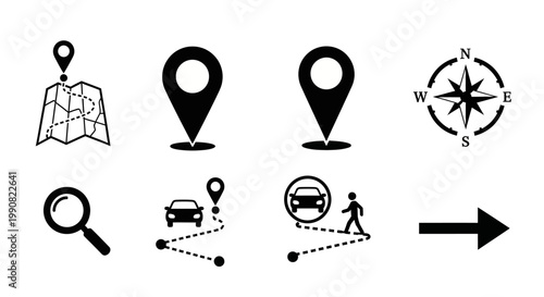 Navigation and Location Icons Set: Map, GPS Pin Markers, Travel Routes, Compass, Search Symbol for Apps and Websites