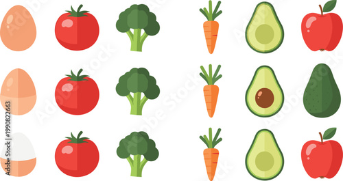 Collection of fresh vegetables and fruits vector illustrations including tomato broccoli carrot avocado apple and eggs isolated on light background for healthy food design