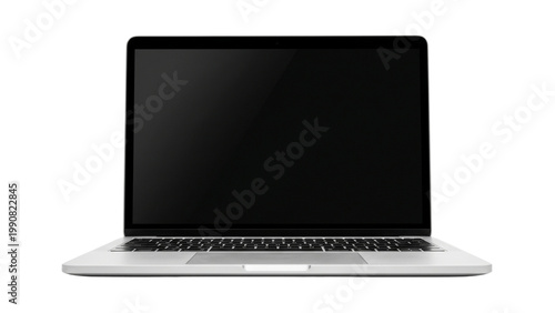 Modern laptop computer with a blank black screen facing forward isolated on a transparent background.