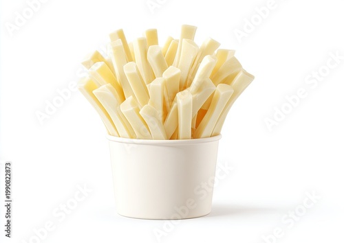 White chocolate sticks, resembling french fries, piled in a paper cup