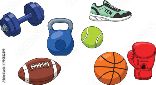 Sports equipment vector illustration set featuring dumbbell kettlebell sneakers balls and boxing glove isolated on light background for fitness and athletic design