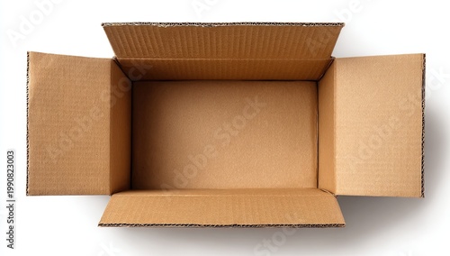 Empty open cardboard box, top view, light brown, isolated on white background