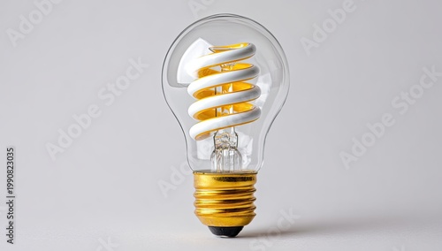 Clear glass bulb with spiral element and metallic base against light backdrop