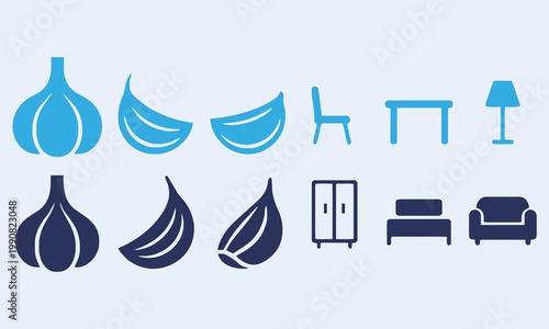 Flat Icon Set: Garlic and Furniture Symbols in Blue and Navy