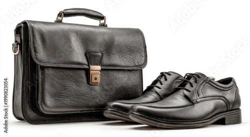 Polished black leather briefcase and classic lace-up dress shoes on white