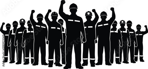 Industrial workers standing together with raised fists silhouette