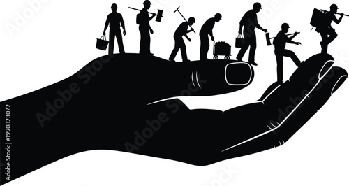 Conceptual silhouette of a giant hand supporting small manual labor worker figures