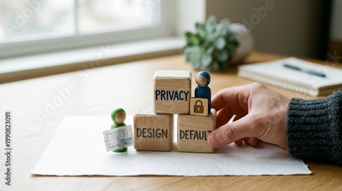 A hand building a tower of wooden blocks with privacy, design, and default written on them, symbolizing data protection and security.