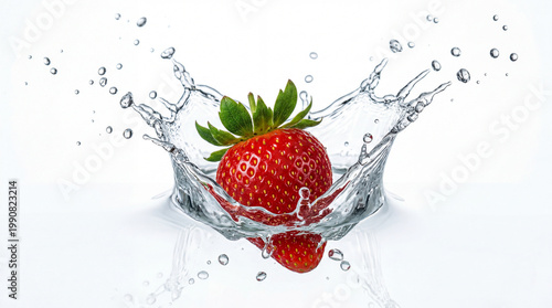 A juicy red strawberry splashing into clear water with droplets flying everywhere
