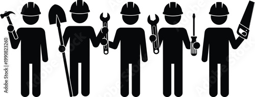 Set of construction and industrial manual labor worker silhouettes holding tools