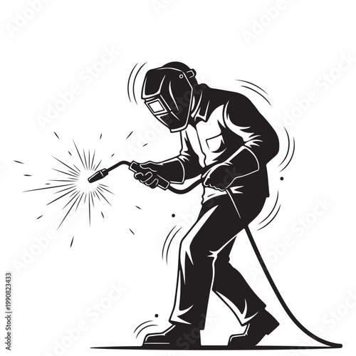 Monochrome vector illustration of an industrial welder in protective gear working with a welding torch and sparks