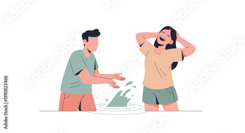 Couple Enjoying Water Splash Fun Together Outdoors.