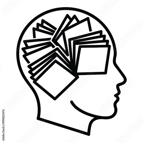 Black and white head with books.