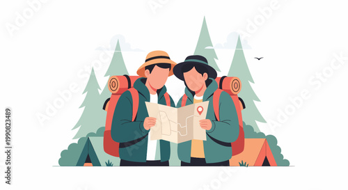 Couple hikers with backpacks looking at a map in a forest with tents and pine trees.