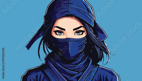 Intense Gaze of a Blue-Clad Ninja Woman.