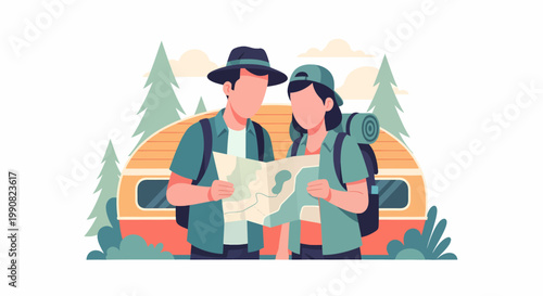 Couple planning adventure with map in front of camper van surrounded by trees.