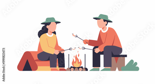 Couple roasting marshmallows over campfire during camping trip.