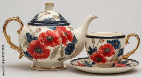 Elegant porcelain tea set with vibrant red poppies, gold accents