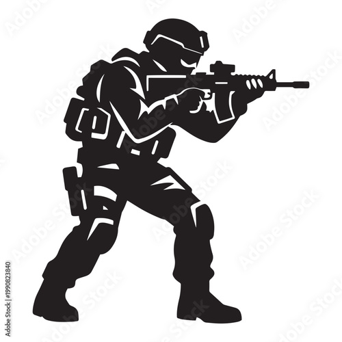 Tactical soldier silhouette vector, special forces military operator with rifle, black and white armed combat infantryman icon for gaming and security
